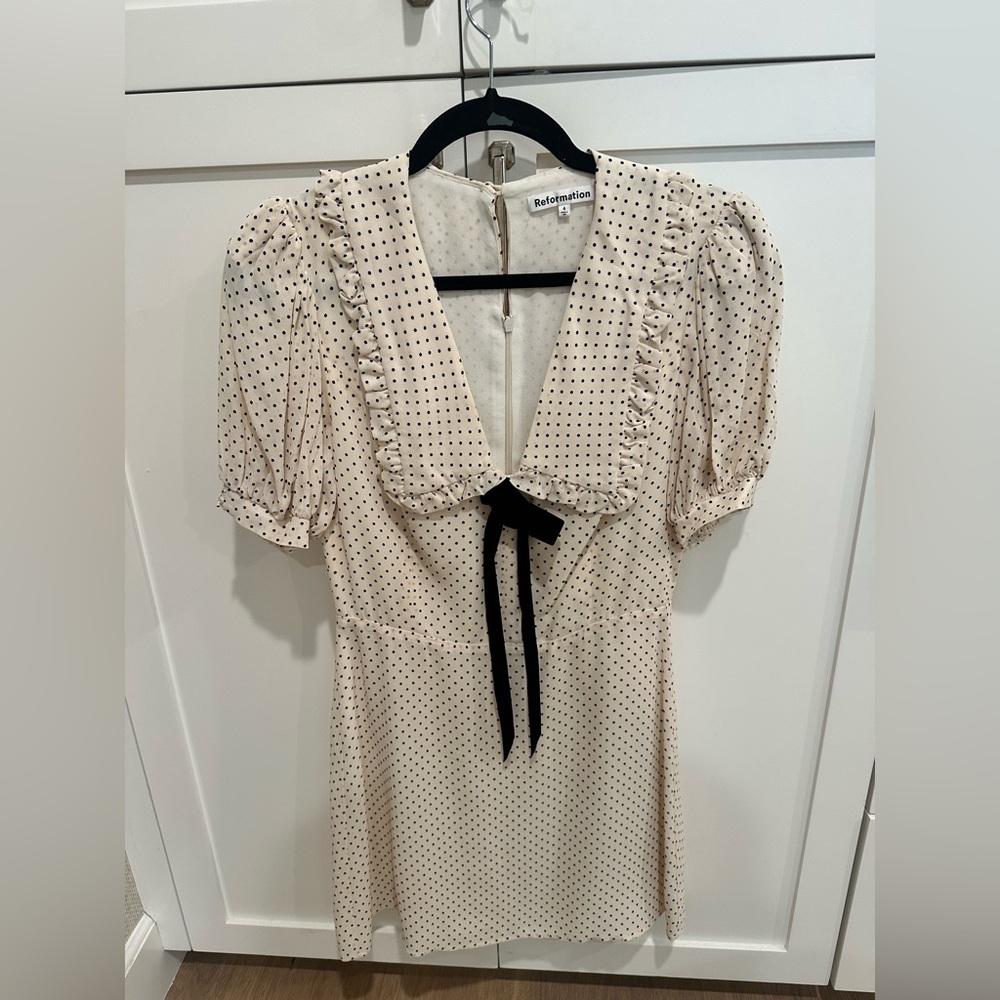 Reformation Cream Midi Dress with Smocked Bodice and Puff Sleeves